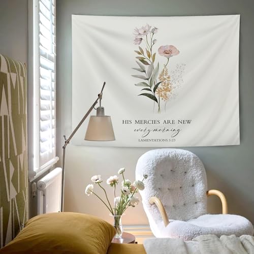 AQYIP Floral Christian Tapestry Wall Hanging, His Mercies Are New Every Morning Floral Tapestry Decorative, Bible Verse Wall Blanket Decor for Home Living Room Bedroom, 50x60 Inch - color: christian floral