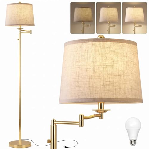 Ruiever Dimmer LED Floor Lamp,Tall Standing Lamp with Swing Arm,Gold Lamp with Dimmer LED Bulb,Elegant Floor Lamp for Living Rooms & Bedroom (Gold) - color: Gold
