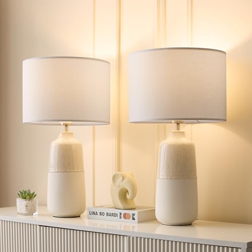 BrightWe Tall Ceramic Table Lamp Set of 2, White Lamps for Bedroom Farmhouse Rustic Lamp Set Bedside Nightstand Lamps Set of Two Side Table Lamps for Living Room, 22IN - color: Off-White, size: Large