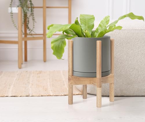 D'vine Dev Ceramic Planter with Natural Stand - 8 Inch Modern Round Flower Pot with Wood Planter Holder, Grey, 55-B-N-3 - color: Grey Pot + Natural Stand, size: 8 Inch