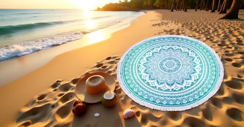 Mandala Round Beach Tapestry Boho Hippie Blanket Bohemian Large Table Cloth Home Decor Yoga Mat Meditation Picnic Rug Throw Hippy Gypsy Tablecloth Roundie (42 Inches, Green And White) - color: Green And White, size: 42"L x 42"W