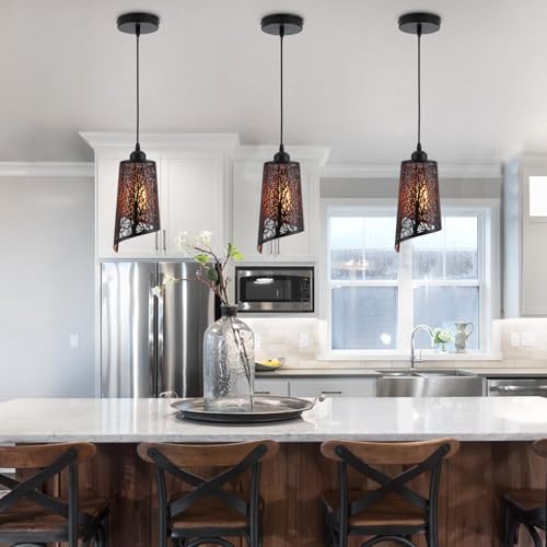 Industrial Black Pendant Light Fixture Vintage Mini Black Pendant Lighting with Gold Finish Rustic Hollow-Carved Small Pendant Light for Kitchen Island, Dining Room, Bedroom, 3 Pack - color: Black Gold 3-Pack
