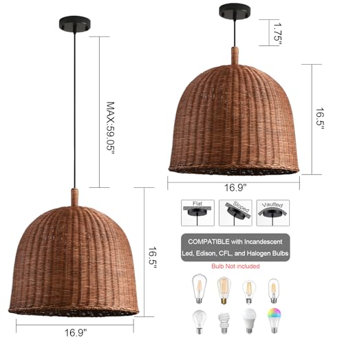 17" Farmhouse Rattan Chandelier 3-Lights Hand Woven Wicker Dining Room Light Coastal Boho Bamboo Pendant Hanging Lighting Fixture for Living Room Bedroom Restaurant Foyer Kitchen Island - color: Coffee-17 IN