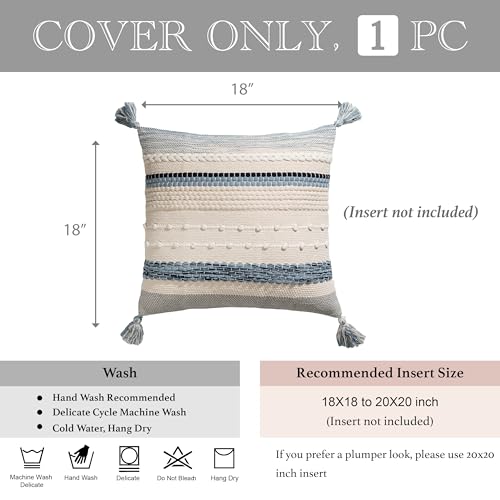 BlissBlush Coastal Blue Boho Decorative Throw Pillow Cover 18x18 Modern Bohemian Accent Pillow Case Square Woven Textured Farmhouse Pillows for Couch Bed (Pack of 1) - color: Coastal Blue, size: 18" x 18" (Pack of 1)