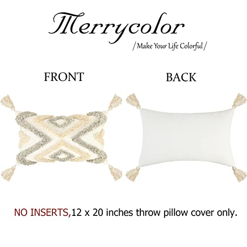 Merrycolor White Grey Boho Pillow Covers 12x20 with Tassels Tufted Decorative Gray Throw Pillows Neutral Modern Accent Pillowcase Farmhouse Square Cushion Covers for Couch Sofa Bedroom Living Room - color: Grey and White 1, size: 20" x 12" (Pack of 1)