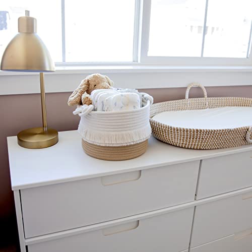 NaturalCozy 3-Piece Decorative Storage Basket Set – Cotton Rope Woven Baskets for Organizing! Small Basket for Nursery Baby Stuff, Gift Basket, Montessori, Dog Toy Bin, Cat Basket, Bathroom Shelves - color: Off White & Tan Brown