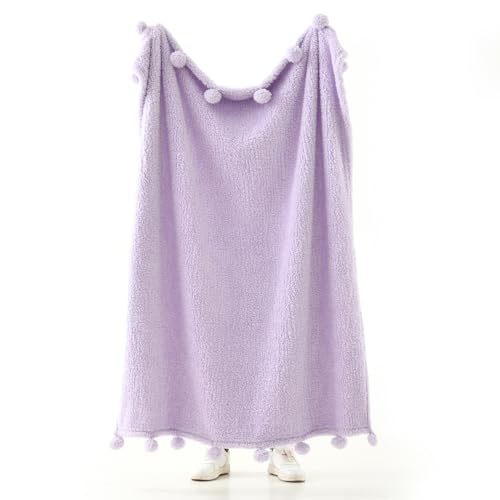 HORIMOTE HOME Ultra Soft Cozy Sherpa Throw Blanket with Pompom Fringe, Light Weight Warm Decorative Boho Style Plush Throw Blanket Cover for Couch, Sofa, Bedroom,Travel, Outdoor, 50”x60”, Purple - color: Purple, size: Throw-50'' x 60''