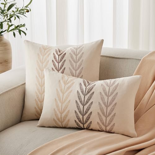 100% Cotton Farmhouse Leaves Throw Pillow Covers Set of 2, 16x16 Inch Mixed Beige Pastoral Decorative Print Cushion Covers for Sofa Bed Living Room Home Decor - color: Mixed Beige, size: 16" x 16" (Pack of 2)