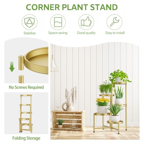 iDavosic.ly 5 Tier Large Plant Stand Indoor, 10 Inch Wide Tall Corner Metal Plant Stands Outdoor for Multiple Plants, Folding Tiered Flower Display Holder Rack Shelf, Gold - color: Gold, size: 5 Tiers