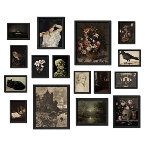 ANERZA 16 PCS Framed Dark Academia Room Decor, Gothic Home Decor, Moody Wall Art Prints for Bedroom, Gallery Wall Frame Set, Witchy Posters for Living Room Aesthetic, Halloween Dorm Collage Kit - color: Gothic black, size: 12"x15" Framed