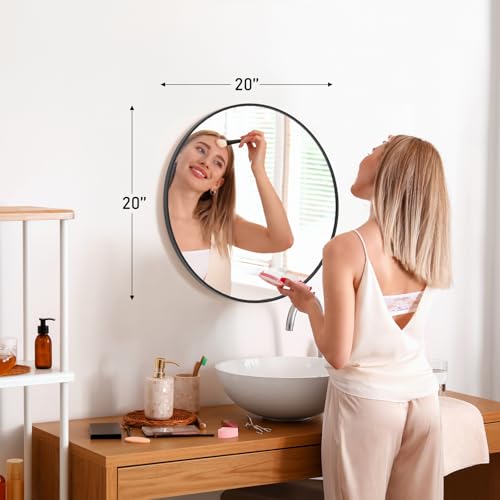 NEWBULIG 20IN Round Bathroom Wall Mirror, Modern Vanity Mirrors for Over Sink, HD Glass Decorative for Entryway, Bedroom & Living Room, Anti-Rust, Tempered Glass, Hanging or Leaning, Black - color: Black, size: 20.2"L x 20.2"W
