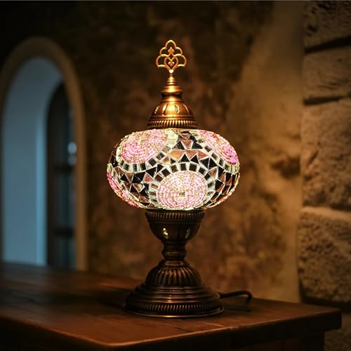 Turkish Lamp, Mosaic Table Lamp, Antique Moroccan Decorative Glass Bohemian Vintage Lamp Shade, Small Desk Tiffany Bedside Stained Glass Lamp with US Plug and E12 Socket - color: Purple-12