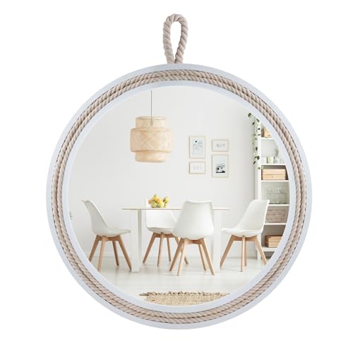Nautical Round Wall Mirror with Rope 20'' White Circle Hanging Mirror Nursery Coastal Beachy Wall Mirror Decorative Mirror for Bathroom,Livingroom,Entryway-Nautical Theme Décor - size: 20"L x 20"W