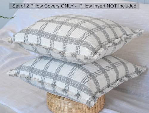 Checkered Throw Pillow Covers with Fringe Set of 2 Woven Cotton Plaid Cushion Covers With Tassels Trim Edge Square Pillow Cases Classic Scandinavian Cottagecore Checks Pattern Grey and White 18x18 - color: Grey, size: 18" x 18" (Pack of 2)