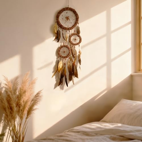 Dream Catcher Native American Boho Dreamcatcher Rattan Wall Decor, Handmade Natural Goose Feathers Large Dream Catchers Hanging Ornament Indian Decor for Bedroom Living Room (Dark Brown Mix) - color: Dark Brown Mix