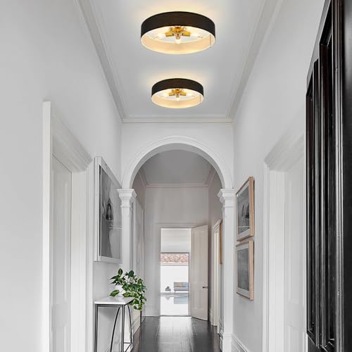 VILUXY Black and Gold Semi Flush Mount Ceiling Light Fixture, 24’’ Large Modern Ceiling Light with Linen Fabric Shade 5-Light Drum Ceiling Lamp for Bedroom Living Dining Room Enteyway - color: Black