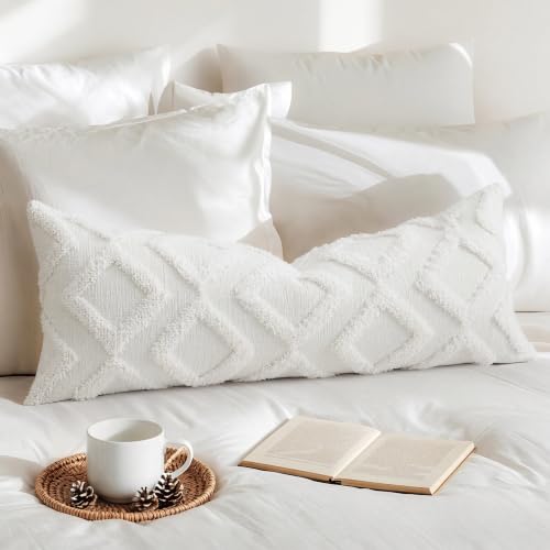 NUYECY Diamond Pattern Extra Long Pillow Covers 14 x 36,Plush Chenille Decorative Long Lumbar Pillow Covers Pillow Case Cushion Case for Sofa Couch Bed Livingroom Farmhouse,Modern Boho,Cream White - color: White, size: 36" x 14" (Pack of 1)