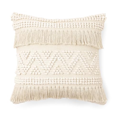 · REDEARTH · Boho Textured Throw Pillow Cushion Covers - Woven Tufted Decorative Farmhouse Cases Set for Couch - Bed - Chair - Dining - Covered Patio - 100% Cotton (18"x18" - Natural) Pack of 2 - color: Earthy Fringe Natural, size: 18" x 18" (Pack of 2)