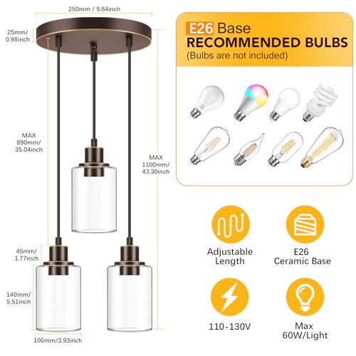 MAXvolador Industrial 3-Light Pendant Light, Adjustable Hanging Light Fixture with Clear Glass Shade, Pendant Lighting E26 Base Ceiling Lamp, Oil-Rubbed Bronze - color: Oil-Rubbed Bronze