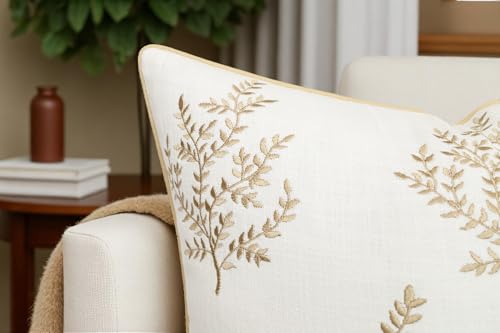 VAGMINE Embroidered Fern Botanical 18x18 Throw Pillow Cover - Ivory Cotton Square Cushion for Sofa Couch Bed - Cottagecore Farmhouse Home Decor - Leaves - color: Ivory-leaves, size: 18" x 18" (Pack of 1)