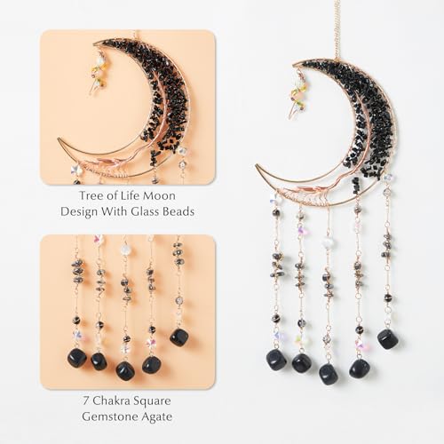 Black Gemstone Dream Catcher 7 Chakras Tree of Life Moon Dream Catcher with Healing Crystal Square Stones Handmade Dreamcatcher Wall Decor for Adults Boys Girls,Bedroom,Wedding,Garden,Bless Gift - color: Black Moon Square Stone