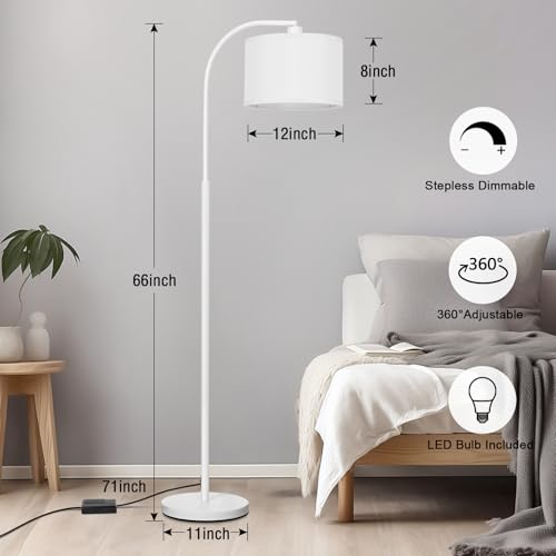 Floor lamps for Living Room, White Arc Floor Lamp with Stepless Dimmer, Modern Standing Lamp with Adjustable Drum Shade, Tall Pole Lamp for Bedroom Study Room Office, 9W 3000K LED Bulb Included - color: White