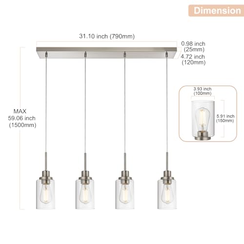 4-Lights Pendant Light Fixtures, Modern Brushed Nickel Kitchen Island Lighting with Clear Glass Shade, Adjustable Hanging Ceiling Lamp - color: Brushed Nickel, size: 4-Light