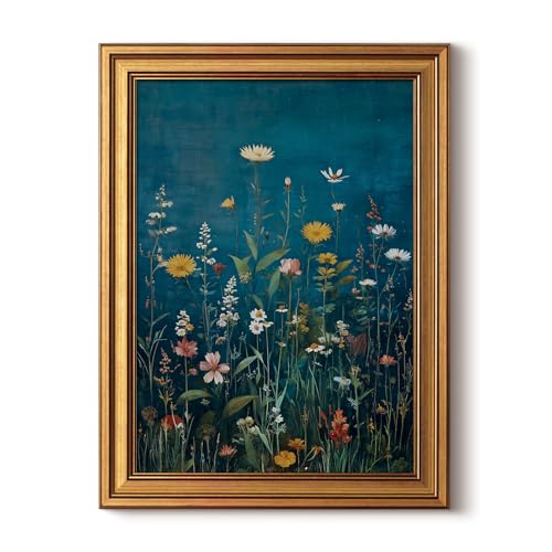 HUARCEY Framed Canvas Wall Art Vintage Decor, Wildflowers Picture Decor, Rustic Vintage Neutral Canvas Paintings Retro Table Desk Pictures for Bedroom Living Room, 12x16Inch - color: Blue Wildflowers, size: 16"L x 12"W
