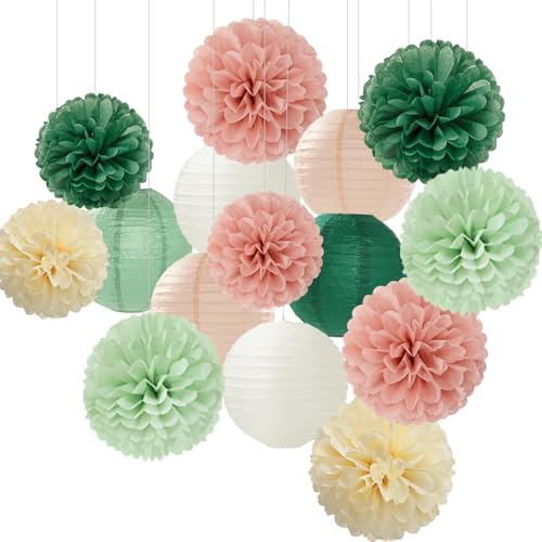 Sage-Green Pink Party-Decorations Paper-Flowers Lanterns - 15PCS Birthday Boho Rustic Tissue Pom Poms Streamers,Baby Shower Neutral Wedding Graduation Bridal Safari Hanging Supplies Decor Hugfond - color: Sage Green Pink