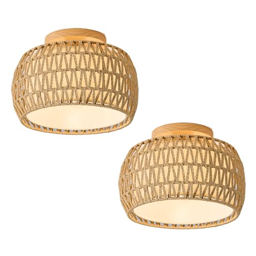2 Packs Boho Rattan Flush Mount Ceiling Lights 12 Inch Farmhouse Ceiling Light Fixtures Rustic Wicker Hand Woven Rope Cage for Dining Room Kitchen Bedroom Foyer Hallway Entryway - size: 12 Inch 2 Packs