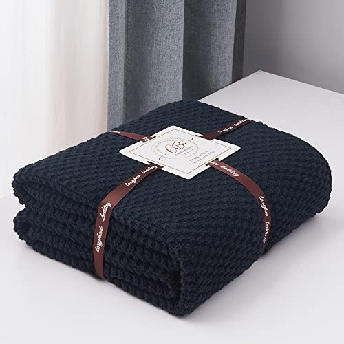 Longhui bedding 100% Cotton Knitted Throw Blanket – Navy Blue, Soft & Cozy, Machine Washable, 51"x63" – Perfect for Living Room, Couch, Sofa, Bed or Travel - color: Dark Navy Blue, size: 51" x 63", Standard