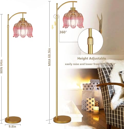 QIYIZM Pink Floor Lamp for Living Room,Bedroom,Glass Gold Dimmable Standing Lamp with Remote,Mid Century Modern Brass Tall Lamp Boho Floor Lamps Arc Stained Tulip Flower Floor Light Lamp Bohemian - size: 30-Floor Lamp