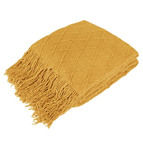 PAVILIA Mustard Yellow Knit Throw Blanket for Couch Bed, Soft Knitted Farmhouse Sofa Throw for Living Room, Lightweight Decorative Fall Throw Blanket for Chair, Outdoor Textured Boho Blanket, 50x60 - color: Mustard Yellow, size: 50 X 60 Inches - Throw