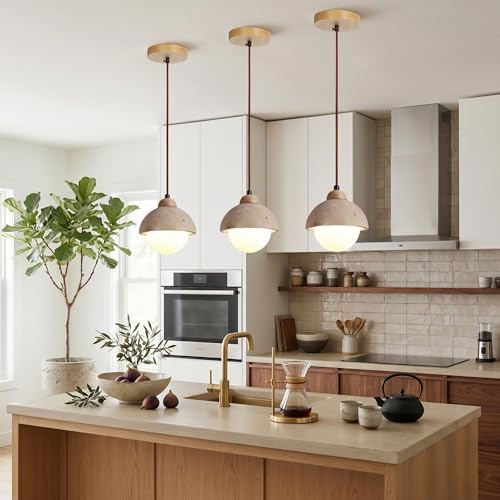 Wabi Sabi Pendant Light, Japandi Light Fixture Dome Chandelier, Modern Farmhouse Travertine Ceiling Hanging Lamp - Yellow Stone & Natural Wood (Log Color 3-Light,5.9IN-A) - color: Log Color 3-Light, size: 5.9IN-A