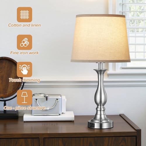 Bedside Table Lamp Touch Control Bedroom Lamps with USB A and C Charging Port 3 Way Dimmable Touch Lamps for Nightstand Living Room Bedroom Dorm Home Office Reading, Set of 2 - color: Silver