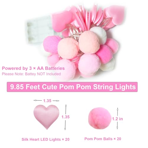 ChiRee 9.85Ft String Lights with 20 Pink Heart LEDs 20 Pink Pom Poms Garland Lights with Timer Valentine Decoration for Home Kid Bedroom Mother's Day Wedding Party Valentine's Day Decor - style: Pink-Pink Heart