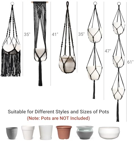 Mkono Macrame Plant Hangers, 5 Pack Different Tiers Indoor Hanging Planters Basket with 5 Hooks Decorative Flower Pots Holder Stand Boho Home Decor, Black - color: Black