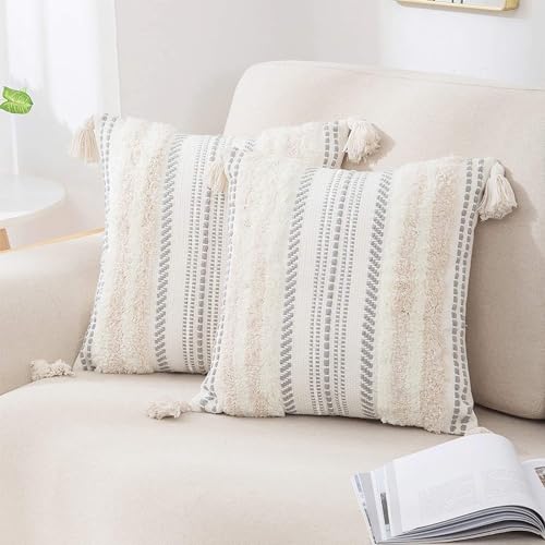 decorUhome Summer Decorative Boho Throw Pillow Covers 20x20 Set of 2, Accent Neutral Textured Tufted Pillow Covers Striped for Couch Bed Sofa Living Room, Beige and Cream White - color: Beige and Cream White, size: 20" x 20" (Pack of 2)