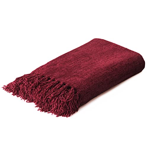 Burgundy Red Chenille Throw Blanket for Couch Bed，Soft Cozy Throw Blanket with Handmade Fringe, Decorative Blanket for Sofa Chair Living Room for Gift, (Burgundy Red) - color: Burgundy Red, size: 50“ x 60"