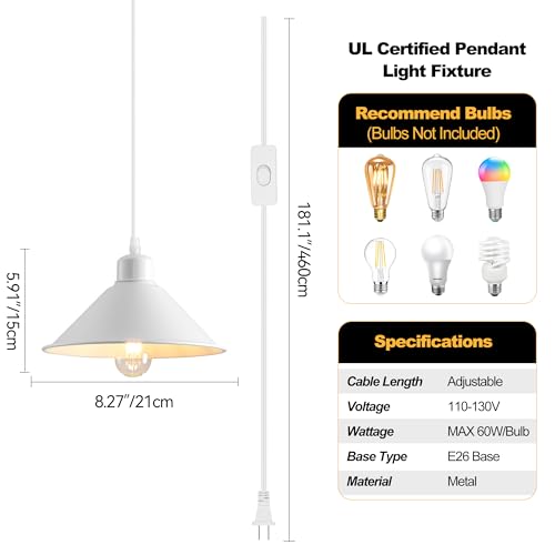 8.2IN Plug in Pendant Light, 2 Pack Industrial Hanging Lamp White Vintage Pendant Lighting Fixtures with 15ft Cord On/Off Switch for Kitchen Island Dinning - color: White Plug in Pendant Light 8.2IN