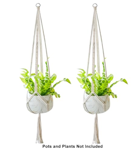 2 Pack Macrame Plant Hanger 47 Inches,Indoor Plant Hanger with Tassel for Boho Home Decor, Hanging Plant Holder with 2 Hooks (Ivory)