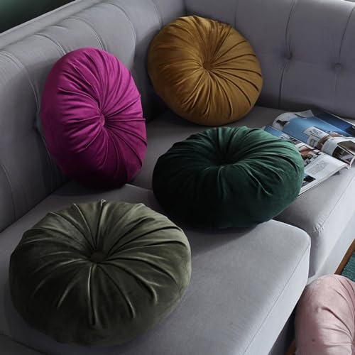 Round Throw Pillow, 13.7” Solid Color Decorative Round Dutch Velvet Floor Pillows Pleated Round Throw Pillow Floor Cushion Pillows for Sofa Couch Chair Bed Living Room, Dark Green - color: Dark Green