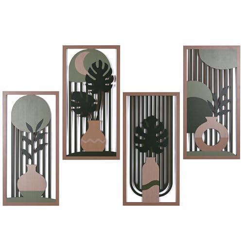 suruim Boho Wall Art Set of 4, Abstract Geometric Wooden Wall Decor, Mid-Century Modern Aesthetic Artwork with Arch, Vase & Botanical Design for Modern Home Decor for Bedroom, Office & Living Room(D) - color: D