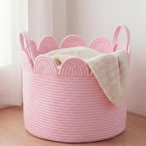 LemonRoad Pink Round Basket Large Blanket Basket 15.8" L X 15.8" W X 13.8" H Scalloped Woven Baskets Cotton Storage Baskets for Nursery Classroom Closet Blankets Storage Home Decor - color: Pink, size: 15.8" L X 15.8" W X13.8" H