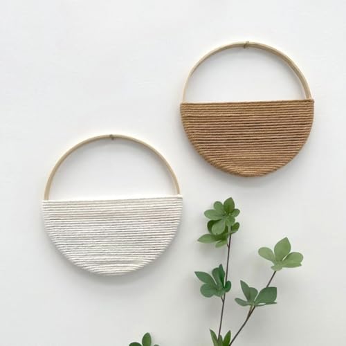Cilemou 2-Piece 10-inch Round Bamboo Wall Decor with Yarn-Wrapped Half-Circle Design, Rustic Boho Style Wall Hanging for Living Room, Bedroom, Office, and Home Decor - size: 10in