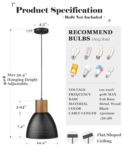 ELYONA Hammered Pendant Light, 10.2” Industrial Hanging Lamp with Solid Wood & Metal Shade, Modern Pendant Light Fixtures for Kitchen Island, Bar, Farmhouse Dining Room, Bedroom, Living Room, Black - color: Black - 1 Pack