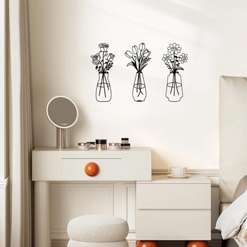 Jasscare Set of 3 Metal Flowers Wall Art, Matte Black Minimalist Line Art Floral Wall Decor, Modern Farmhouse Metal Wall Hanging for Living Room Bedroom Bathroom, Perfect Housewarming Gift for Home Decoration - color: Flowers