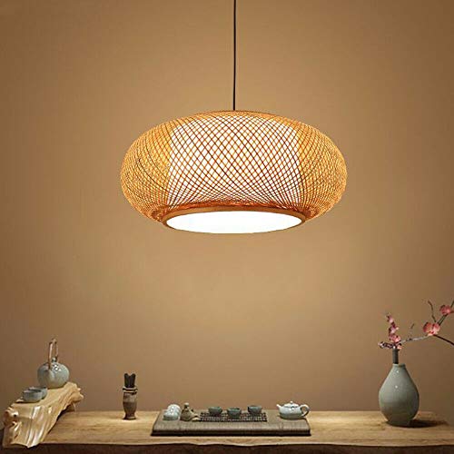 Handmade Woven Bamboo Pendant Lighting Antique Rattan Single Lantern Ceiling Hanging Light Natural Wooden Ceiling Fixture with Adjustable Cord for Living Room Restaurant Bedroom - size: 16 Inch