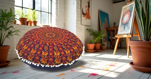 Round Mandala Floor Pillow Cover Seating Cushion Throw Cover Hippie Decorative Bohemian Ottoman Pouf Cover, Pom Pom Pillow Cases,Boho Indian 22 Inches (Orange) - color: Orange