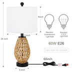 Coastal Table Lamps Set of 2, Retro Rattan Woven 24" Bedside Lamp, for Bedroom Living Room Home Nightstand Table Lamp(with USB C+A 5V 2.1A Charging Ports)